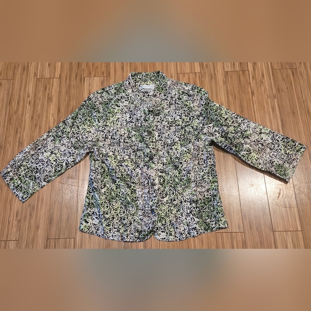 Christopher & Banks Green Black White Printed Linen Jacket